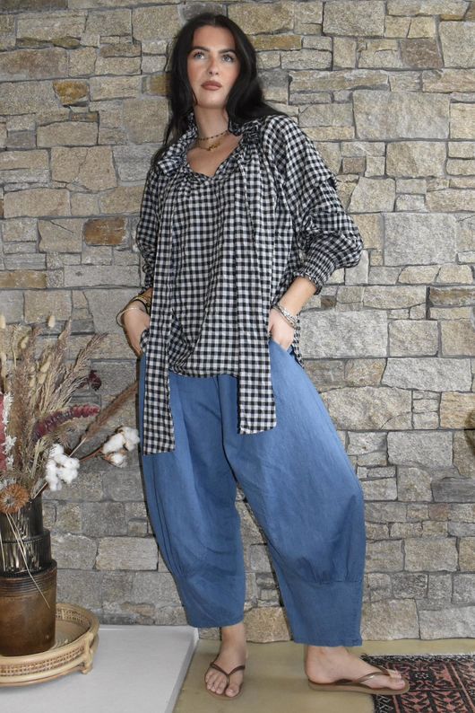 Nonni Gingham Poet Blouse Black Grey